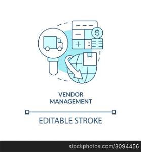 Vendor management turquoise concept icon. Corporate partnership. Business development abstract idea thin line illustration. Isolated outline drawing. Editable stroke. Arial, Myriad Pro-Bold fonts used. Vendor management turquoise concept icon