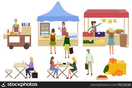 Vendor selling organic farm products. Street food stall, kiosk. Outdoor cafe. People eating hot dogs and coffee. Marketplace concept vector illustration. Street Food, Marketplace Stands Set Vector Image