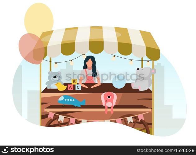 Vendor selling toys at street market wooden cart flat illustration. Retro fair store stall on wheels. Trade trolley with craft toys. Summer festival, carnival outdoor shop seller cartoon character