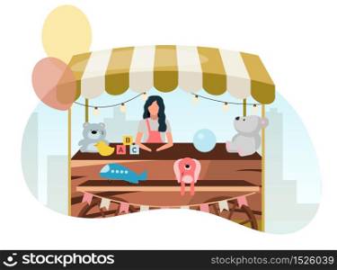 Vendor selling toys at street market wooden cart flat illustration. Retro fair store stall on wheels. Trade trolley with craft toys. Summer festival, carnival outdoor shop seller cartoon character
