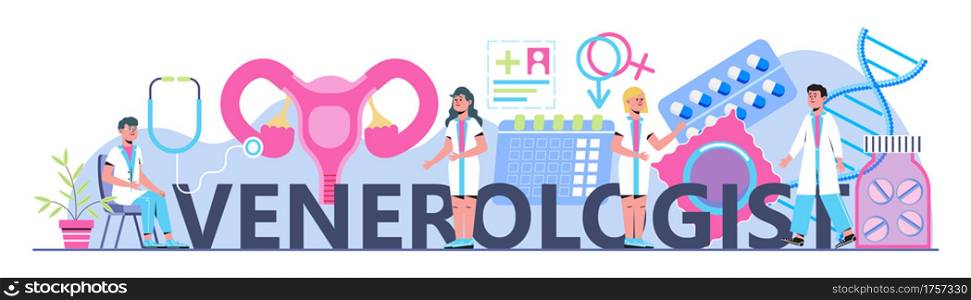 Venereology concept header vector for health care landing page. Venereal diseases, treatment of gonorrhea, syphilis, chlamydia. Tiny doctors treat patient.. Venereology concept header vector for health care landing page. Venereal diseases, treatment of gonorrhea, syphilis, chlamydia.