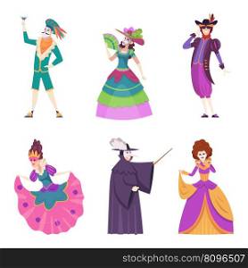 Venetian carnival. Fashioned authentic italian venetian characters in colored beautiful costumes and masks dancing exact vector people of colored fashioned illustration. Venetian carnival. Fashioned authentic italian venetian characters in colored beautiful costumes and masks dancing exact vector people