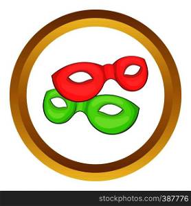Venetian carnival mask vector icon in golden circle, cartoon style isolated on white background. Venetian carnival mask vector icon