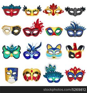Venetian Carnival Masks Set. Set of different colorful venetian carnival masks with feathers and clowns hat flat isolated vector illustration