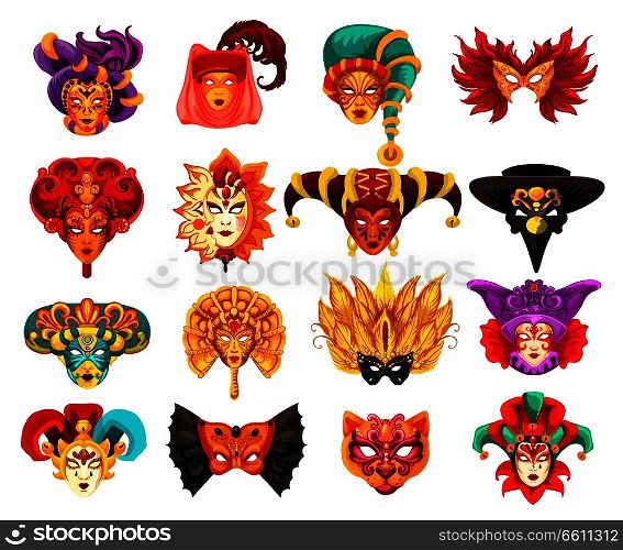 Venetian carnival masks, traditional Venice masquerade festival. Vector masks of animal or bird and mystery human face with veil, feathers or harlequin pattern ornament. Theater or Mardi Gras theme. Vector Venetian carnival masquerade masks