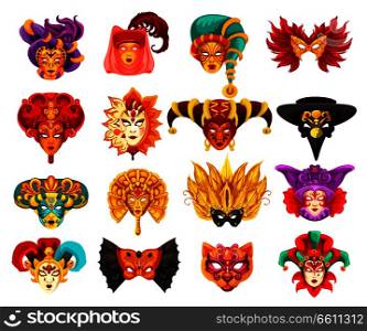 Venetian carnival masks, traditional Venice masquerade festival. Vector masks of animal or bird and mystery human face with veil, feathers or harlequin pattern ornament. Theater or Mardi Gras theme. Vector Venetian carnival masquerade masks