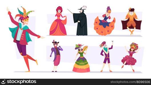 Venetian costumes. Carnival persons ini dress and costumes dancing exact vector colored illustrations of costume and dress for carnival, venetian masquerade. Venetian costumes. Carnival persons ini dress and costumes dancing exact vector colored illustrations