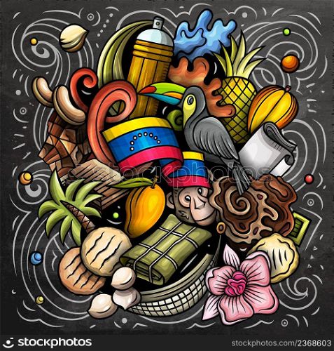 Venezuela cartoon vector doodle chalkboard illustration. Colorful detailed composition with lot of traditional symbols. Venezuela cartoon vector doodle chalkboard illustration
