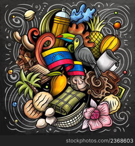 Venezuela cartoon vector doodle chalkboard illustration. Colorful detailed composition with lot of traditional symbols. Venezuela cartoon vector doodle chalkboard illustration
