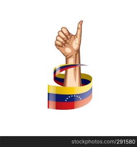 Venezuela flag and hand on white background. Vector illustration.. Venezuela flag and hand on white background. Vector illustration