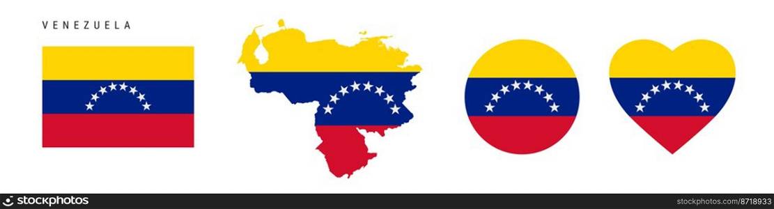 Venezuela flag icon set. Venezuelan pennant in official colors and proportions. Rectangular, map-shaped, circle and heart-shaped. Flat vector illustration isolated on white.. Venezuela flag in different shapes icon set. Flat vector illustration
