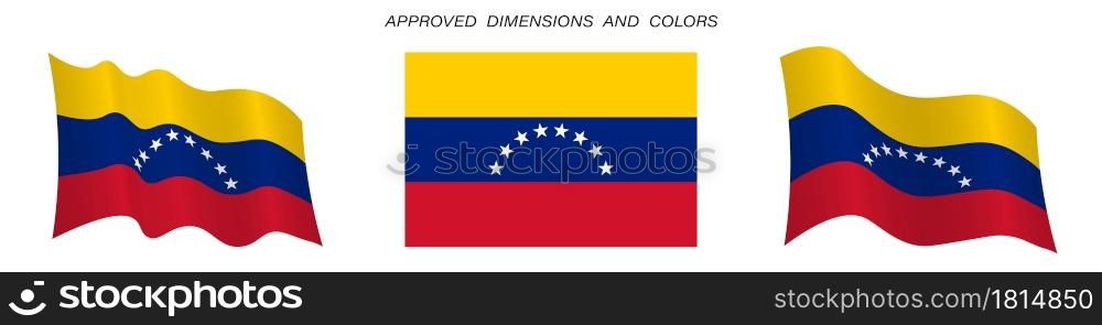 Venezuela flag in static position and in motion, fluttering in wind in exact colors and sizes, on white background