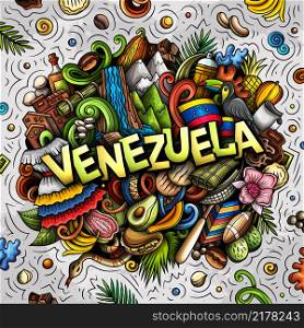 Venezuela hand drawn cartoon doodle illustration. Funny local design. Creative vector background. Handwritten text with Latin American elements and objects. Colorful composition. Venezuela hand drawn cartoon doodle illustration. Funny local design.