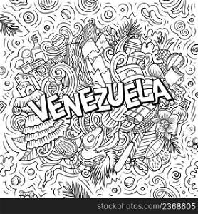 Venezuela hand drawn cartoon doodle illustration. Funny local design. Creative vector background. Handwritten text with Latin American elements and objects.. Venezuela hand drawn cartoon doodle illustration.