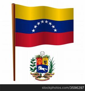 venezuela wavy flag and coat of arm against white background, vector art illustration, image contains transparency