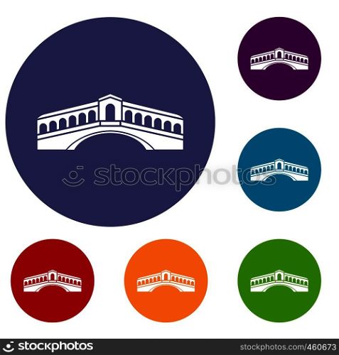 Venice bridge icons set in flat circle reb, blue and green color for web. Venice bridge icons set
