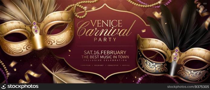 Venice Carnival party banner design with beautiful masks on rhombus burgundy red background in 3d illustration. Carnival party banner design