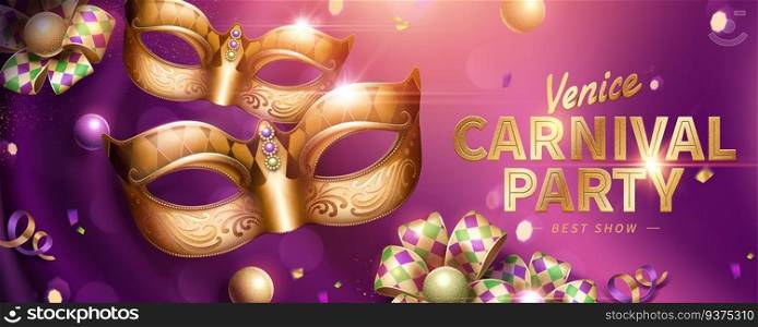 Venice Carnival party banner design with decorative mask and rhombus ribbons on purple curtain background in 3d illustration. Venice Carnival party banner