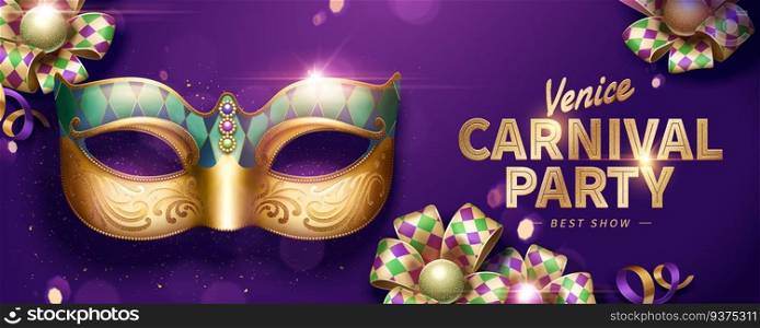 Venice Carnival party banner design with decorative mask and rhombus ribbons on purple background in 3d illustration. Venice Carnival party banner