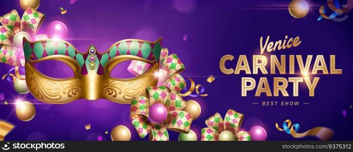 Venice Carnival party banner design with decorative mask and rhombus ribbons on purple background in 3d illustration. Venice Carnival party banner