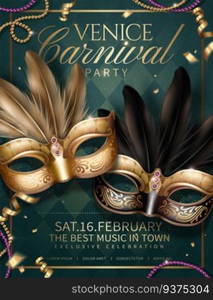 Venice Carnival party design with beautiful masks on rhombus green background in 3d illustration. Venice Carnival party