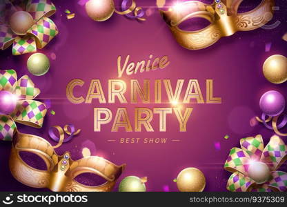 Venice Carnival party design with decorative mask and rhombus ribbons on purple background in 3d illustration. Venice Carnival party