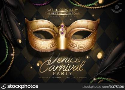 Venice carnival party design with golden mask in 3d illustration on rhombus black background. Venice carnival party design