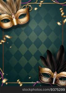 Venice Carnival party with beautiful masks on rhombus green background in 3d illustration. Venice Carnival party