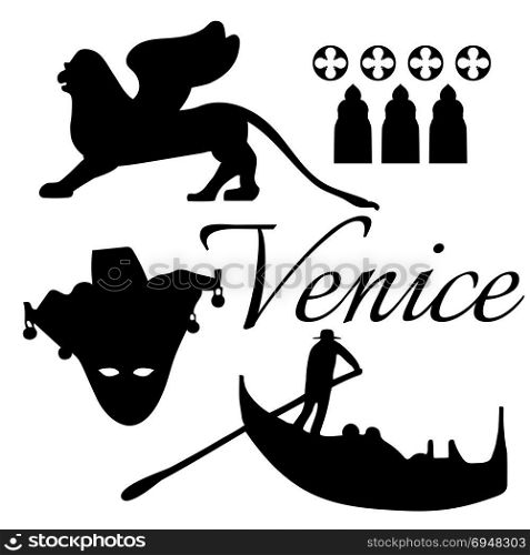 Venice flat icons. . Venice flat icons. Mask, gondola lion Vector