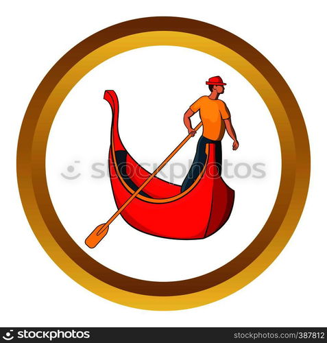 Venice gondola and gondolier vector icon in golden circle, cartoon style isolated on white background. Venice gondola and gondolier vector icon