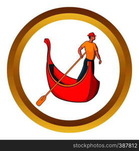 Venice gondola and gondolier vector icon in golden circle, cartoon style isolated on white background. Venice gondola and gondolier vector icon