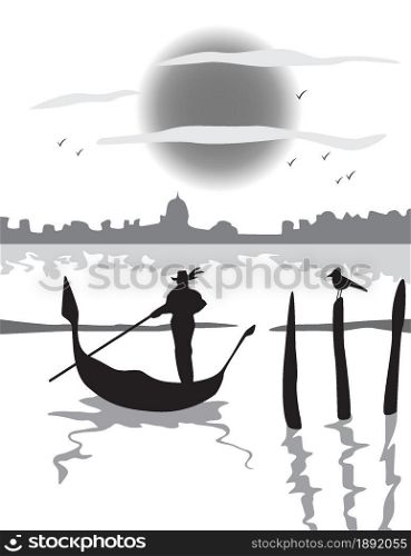 Venice gondola, gondolier rowing o sunset. Italian insular landmark cityscape. Vector Illustration.