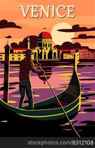 Venice Italia Poster retro style. Sunset Grand Canal, gondolier, architecture, vintage card. Vector illustration postcard isolated. Venice Italia Poster retro style. Sunset Grand Canal, gondolier, architecture, vintage card. Vector illustration postcard