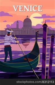 Venice Italia Poster retro style. Sunset Grand Canal, gondolier, architecture, vintage card. Vector illustration postcard isolated. Venice Italia Poster retro style. Sunset Grand Canal, gondolier, architecture, vintage card. Vector illustration postcard