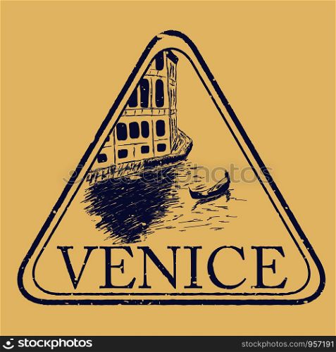 Venice, Italy isolated postage stamp. Venezia architecture with gondola vector illustration. Vintage engraved postmark.. Venice, Italy isolated postage stamp