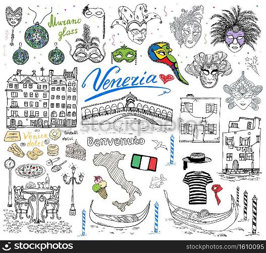 Venice Italy sketch elements. Hand drawn set with flag, map, gondolas gondolier clouth , houses, pizza, traditional sweets, carnival venetian masks, market bridge. Drawing doodle collection isolated.. Venice Italy sketch elements. Hand drawn set with flag, map, gondolas gondolier clouth , houses, pizza, traditional sweets, carnival venetian masks, market bridge. Drawing doodle collection isolated