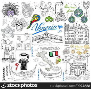 Venice Italy sketch elements. Hand drawn set with flag, map, gondolas gondolier clouth , houses, pizza, traditional sweets, carnival venetian masks, market bridge. Drawing doodle collection isolated.. Venice Italy sketch elements. Hand drawn set with flag, map, gondolas gondolier clouth , houses, pizza, traditional sweets, carnival venetian masks, market bridge. Drawing doodle collection isolated