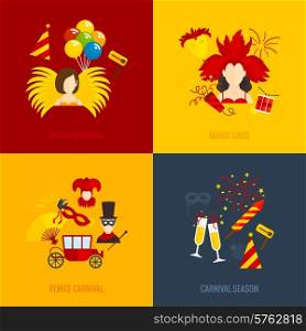 Venice mardi gras brazilian celebration traditions 4 flat icons of carnival season composition abstract isolated vector illustration