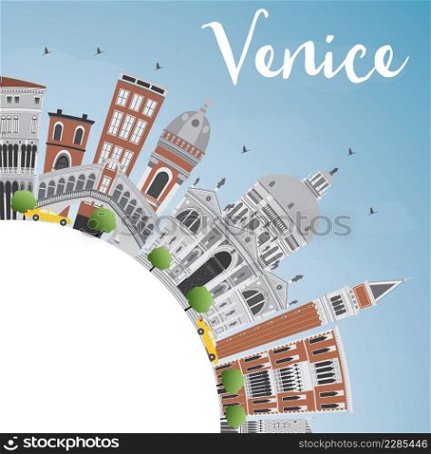 Venice Skyline Silhouette with Gray and Brown Buildings. Vector Illustration. Business Travel and Tourism Concept with Copy Space. Image for Presentation Banner and Placard.