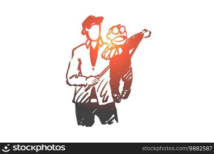 Ventriloquist, man, dummy, performance concept. Hand drawn comedy show with ventriloquist concept sketch. Isolated vector illustration.. Ventriloquist, man, dummy, performance concept. Hand drawn isolated vector.