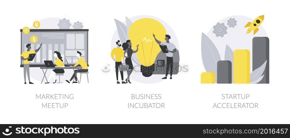 Venture investment abstract concept vector illustration set. Marketing meetup, business incubator, startup accelerator, sharing experience, business internet forum, opportunity abstract metaphor.. Venture investment abstract concept vector illustrations.