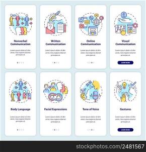 Verbal and non verbal communication onboarding mobile app screen set. Walkthrough 4 steps graphic instructions pages with linear concepts. UI, UX, GUI template. Myriad Pro-Bold, Regular fonts used. Verbal and non verbal communication onboarding mobile app screen set