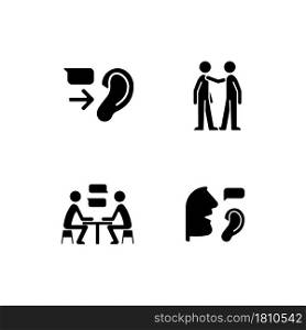 Verbal and nonverbal communication black glyph icons set on white space. Message receiver. Personal touch. Exchanging ideas. Active listening. Silhouette symbols. Vector isolated illustration. Verbal and nonverbal communication black glyph icons set on white space