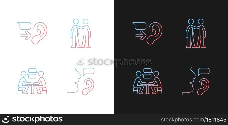 Verbal and nonverbal communication gradient icons set for dark and light mode. Message receiver. Thin line contour symbols bundle. Isolated vector outline illustrations collection on black and white. Verbal and nonverbal communication gradient icons set for dark and light mode