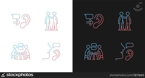 Verbal and nonverbal communication gradient icons set for dark and light mode. Message receiver. Thin line contour symbols bundle. Isolated vector outline illustrations collection on black and white. Verbal and nonverbal communication gradient icons set for dark and light mode