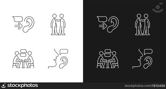 Verbal and nonverbal communication linear icons set for dark and light mode. Message receiver. Personal touch. Customizable thin line symbols. Isolated vector outline illustrations. Editable stroke. Verbal and nonverbal communication linear icons set for dark and light mode