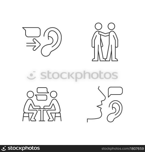 Verbal and nonverbal communication linear icons set. Message receiver. Personal touch. Active listening. Customizable thin line contour symbols. Isolated vector outline illustrations. Editable stroke. Verbal and nonverbal communication linear icons set