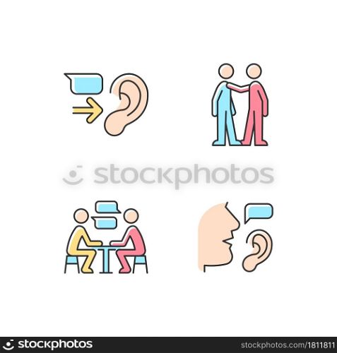 Verbal and nonverbal communication RGB color icons set. Message receiver. Personal touch. Exchanging ideas. Active listening. Isolated vector illustrations. Simple filled line drawings collection. Verbal and nonverbal communication RGB color icons set