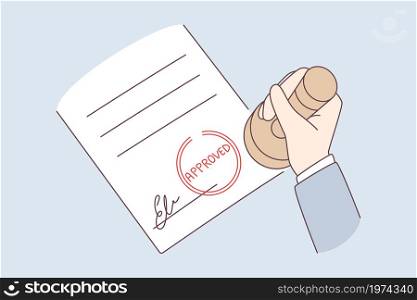 Verification and approval of official document concept. Human hand holding official stamp over approved document with signature vector illustration . Verification and approval of official document concept