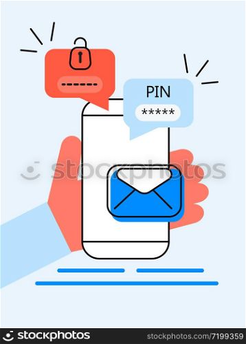 Verification pin code, security code message. Smartphone with e-mail, bubble chat. Verification online in control system for personal account, banking. Two step authentication vector.. Verification pin code, security code message. Smartphone with e-mail, bubble chat. Verification online in control system for personal account, banking. Two step authentication